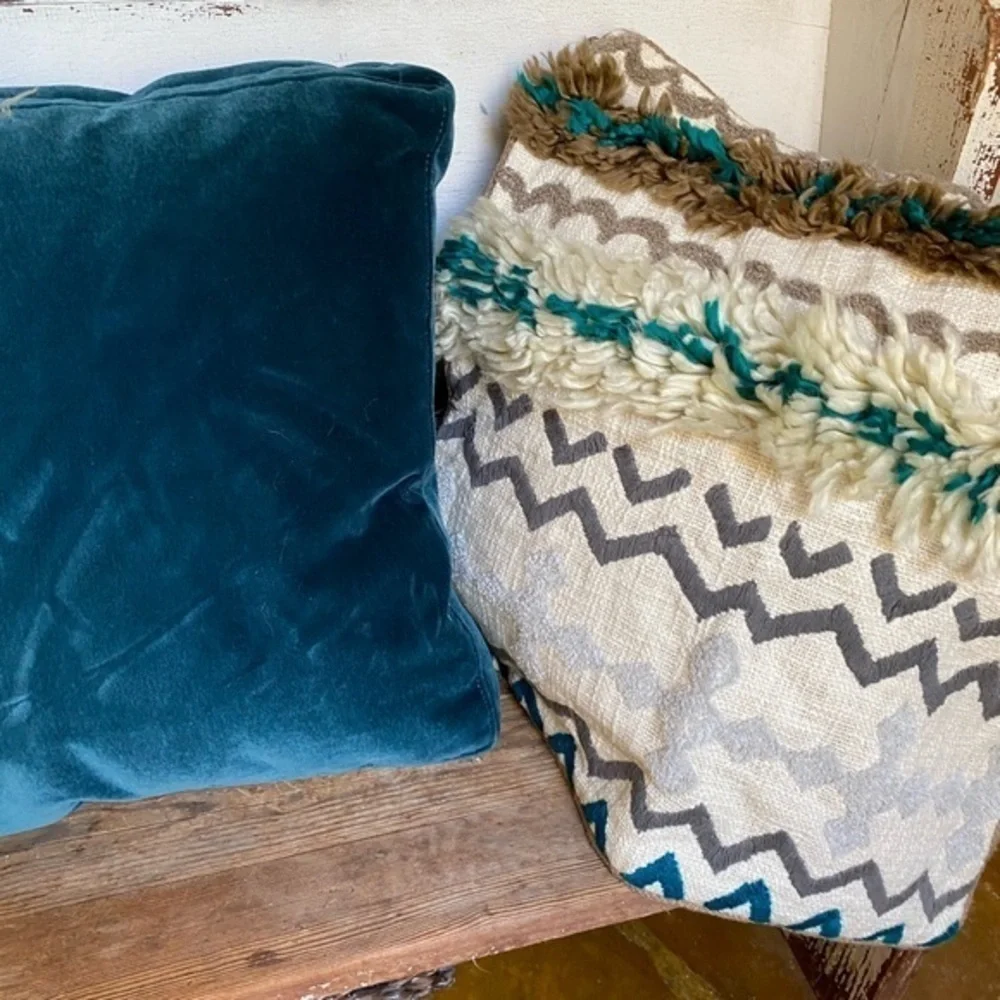 Anthropologie Blue Square Velvet Accent Pillow